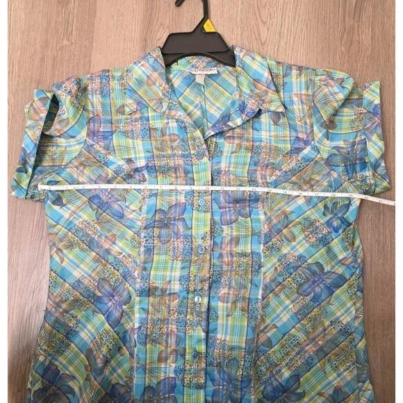 Hollywood Women’s Sheer Button Up Blouse Blue Green Floral Plaid Short Sleeve – - Picture 10 of 12